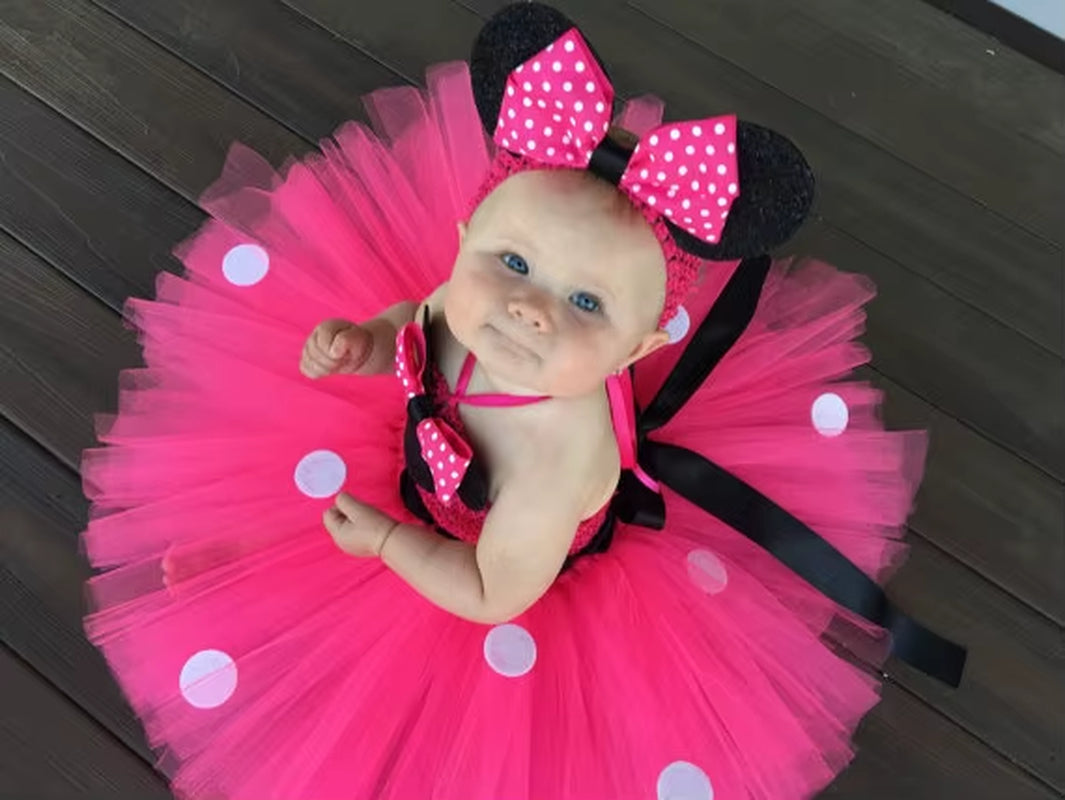 Lovely Girls Pink Cartoon Tutu Dress Baby Crochet Tulle Tutus with Dots Bow and Headband Set Kids Birthday Party Costume Dresses