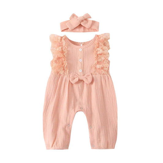 LunaLinen – Baby Girl Cotton Romper & Headdress Set